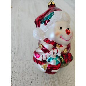 Glass snowman present peppermint red glitter ornament Xmas tree